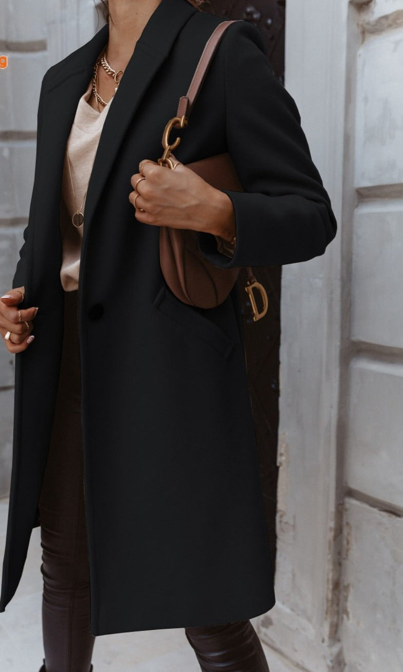 Women’s Knee-Length Coat | Notch Lapel & Single Button Closure | Durable Polyester | Autumn Winter Wear
