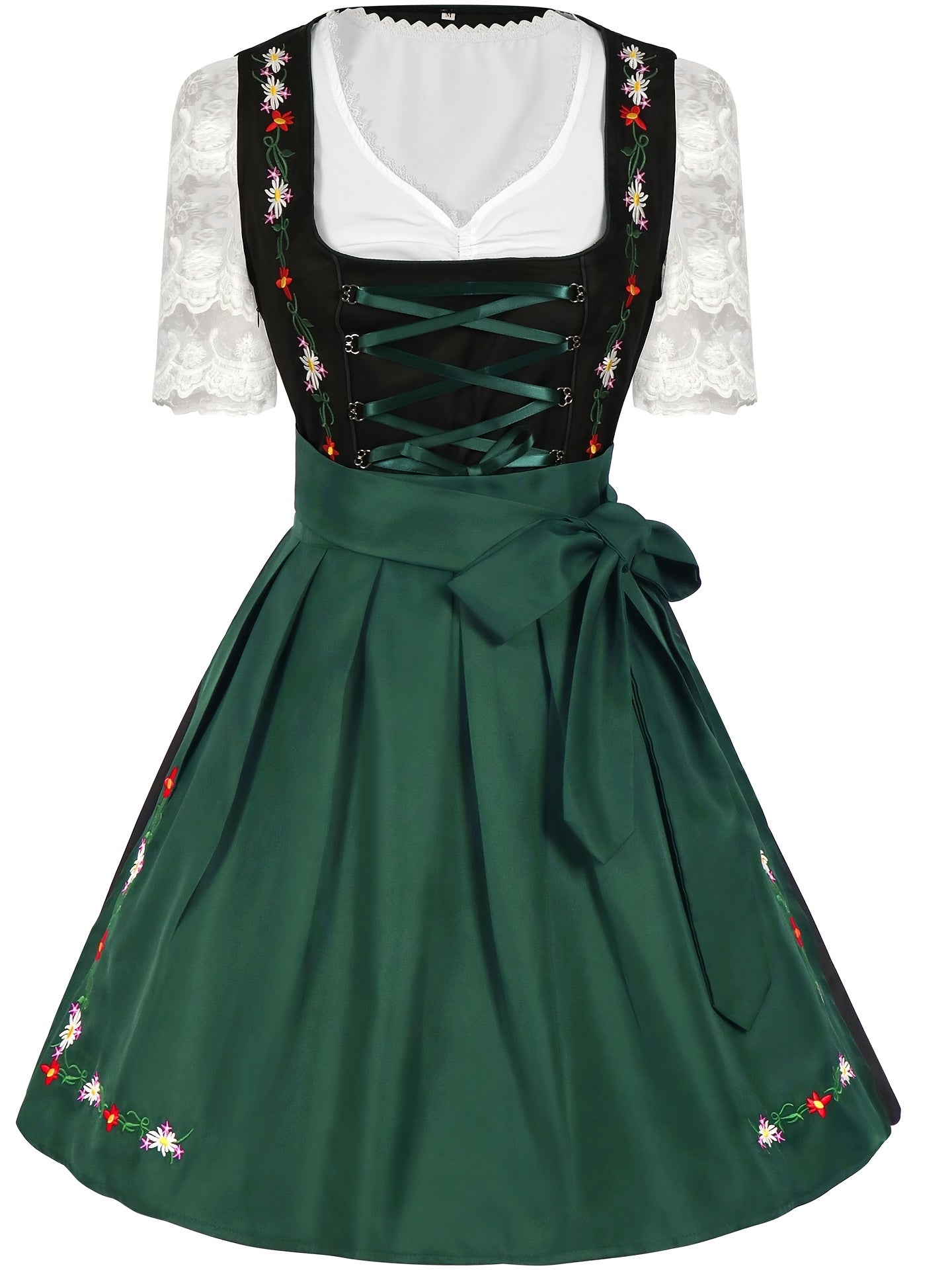 Women's Bavarian Oktoberfest Dirndl Dress with Floral Embroidery and Lace Sleeves