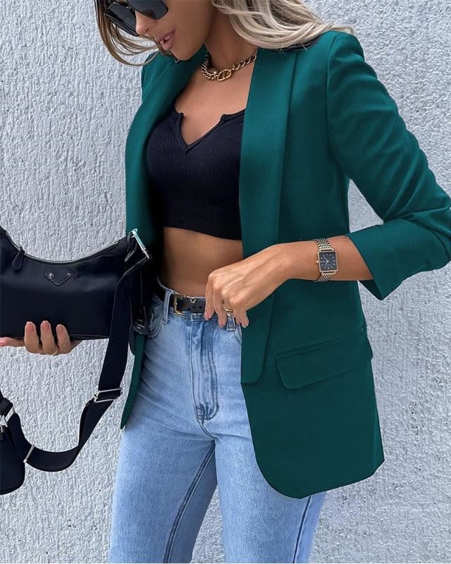 Women's Tailored Blazer | Open-Front Hip-Length Design | Polyester Fabric | Comfortable Fit