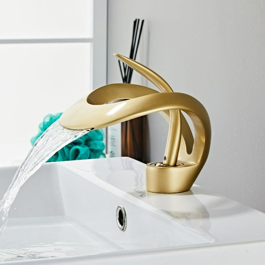 Bathroom Faucet | Waterfall Spout & Curved Loop Design | Solid Brass & Brushed Gold Finish | Easy Single-Handle Control