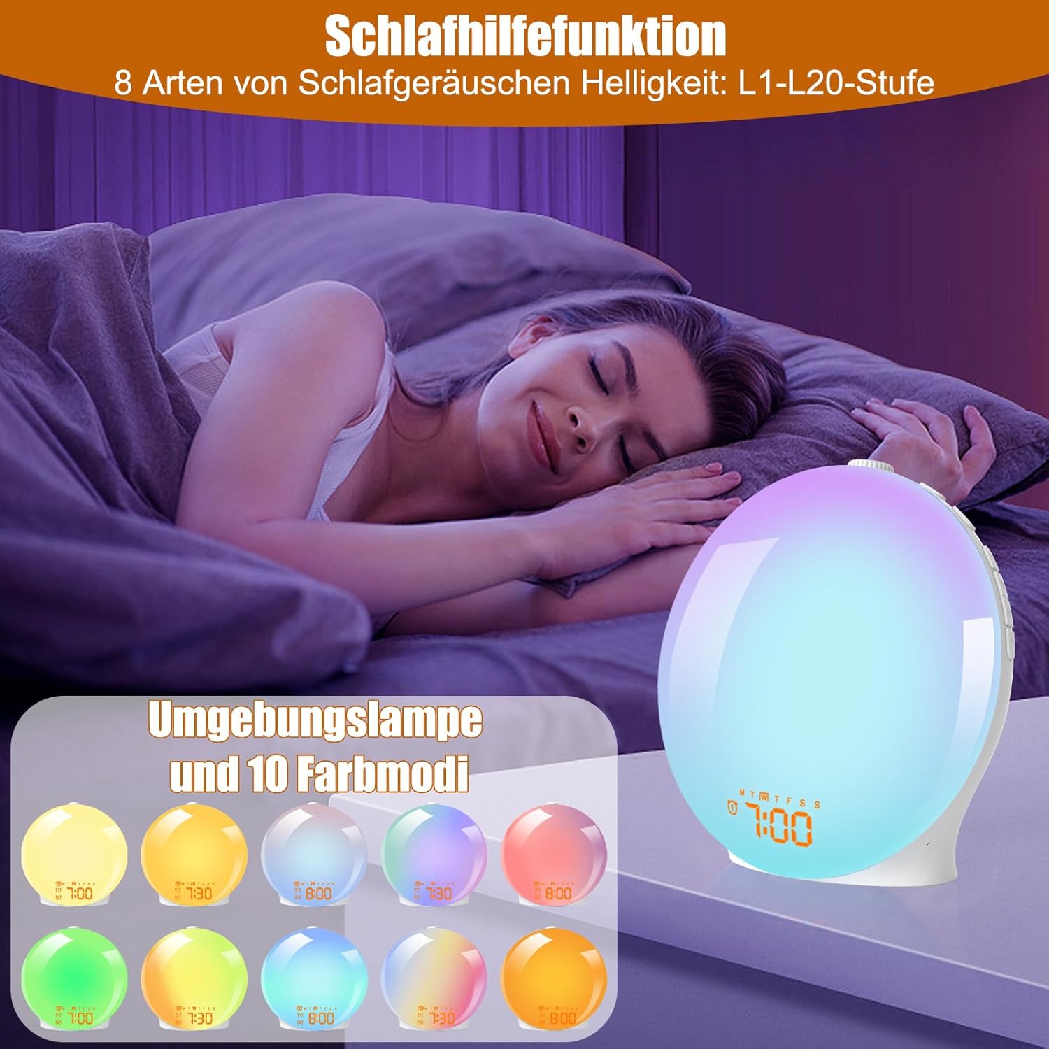 Light Alarm Clock | Sunrise Simulation & Nature Sounds | USB Powered | Adjustable Color Modes