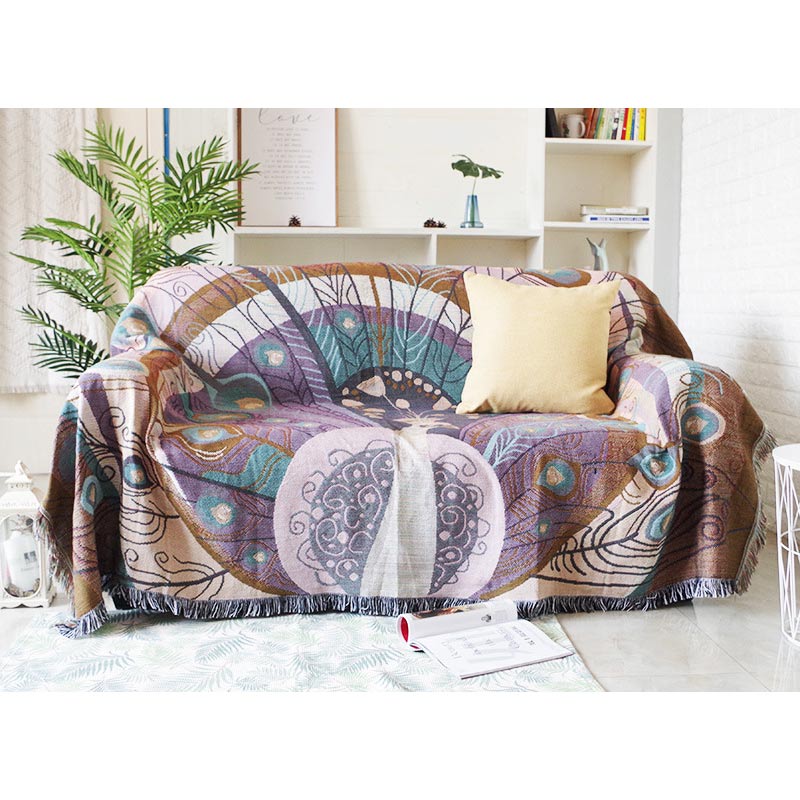 Reversible Peacock Print Blanket with Fringes