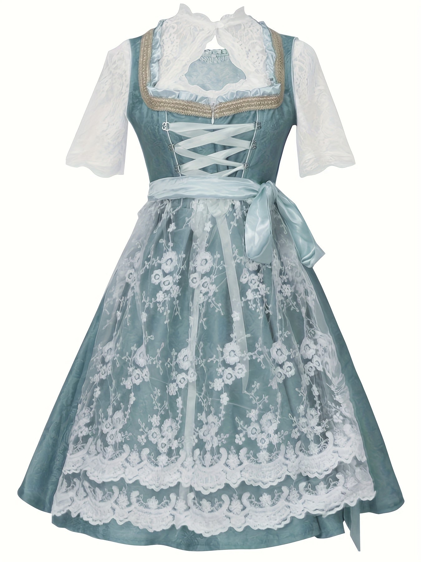 Women's Bavarian Dirndl Dress with Lace Apron for Oktoberfest Celebration