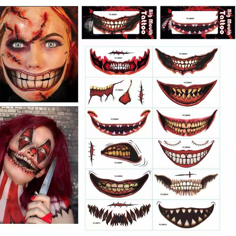 Halloween Temporary Tattoo Stickers for Scary Clown Mouth & Scars