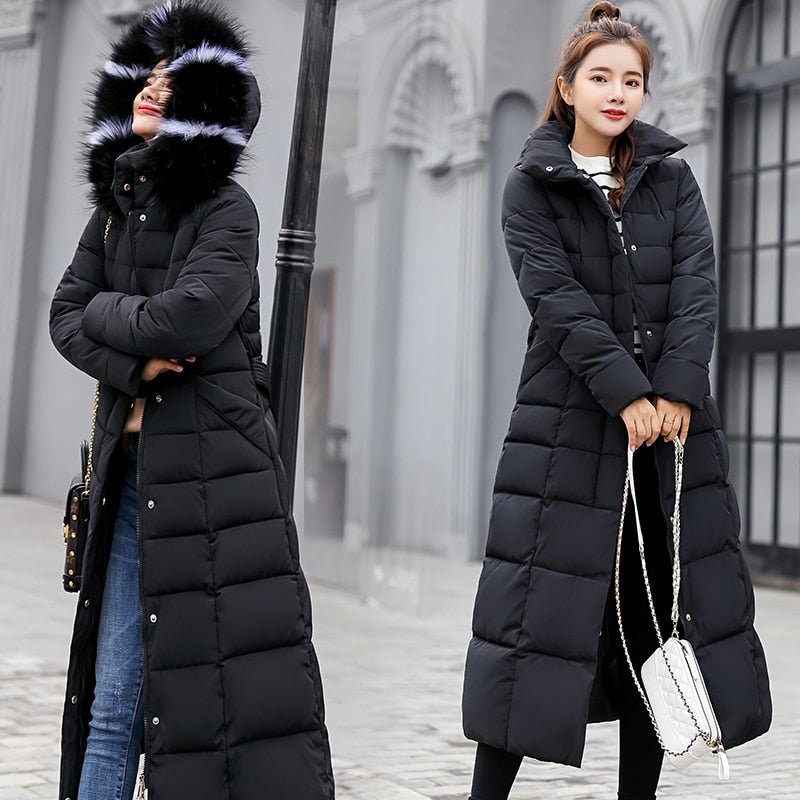 Women's Long Puffer Coat | Fur-Trimmed Hood & Belted Waist | Quilted Insulation | Comfortable Winter Wear