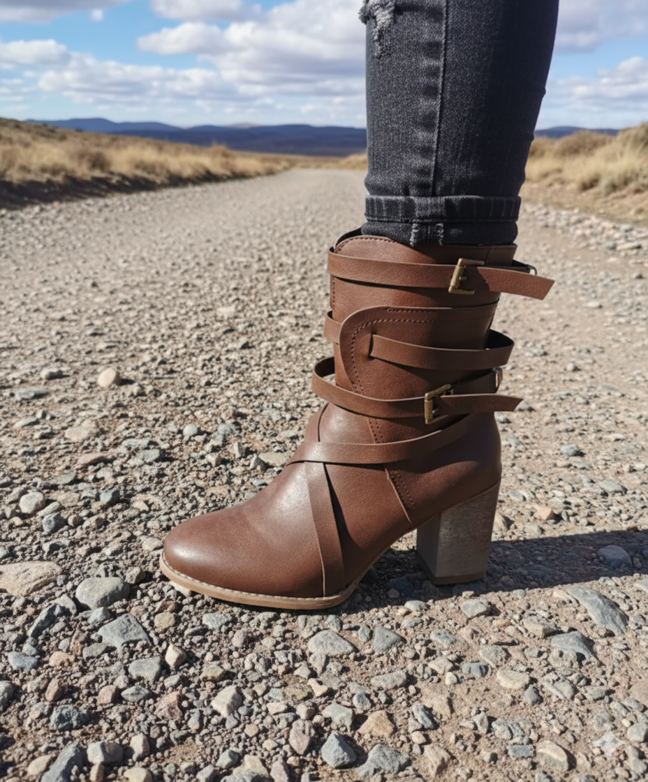 Women’s Ankle Boots | Boho Leather Look | Square Heel & Buckle Wrap | Comfortable Fit