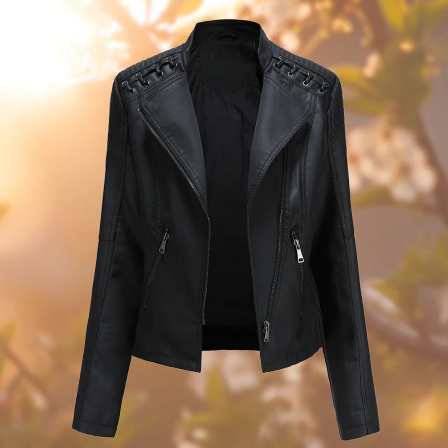 Women’s PU Leather Biker Jacket | Shoulder Lace-Up Detail | Asymmetric Zipper | Wind-Resistant Outerwear