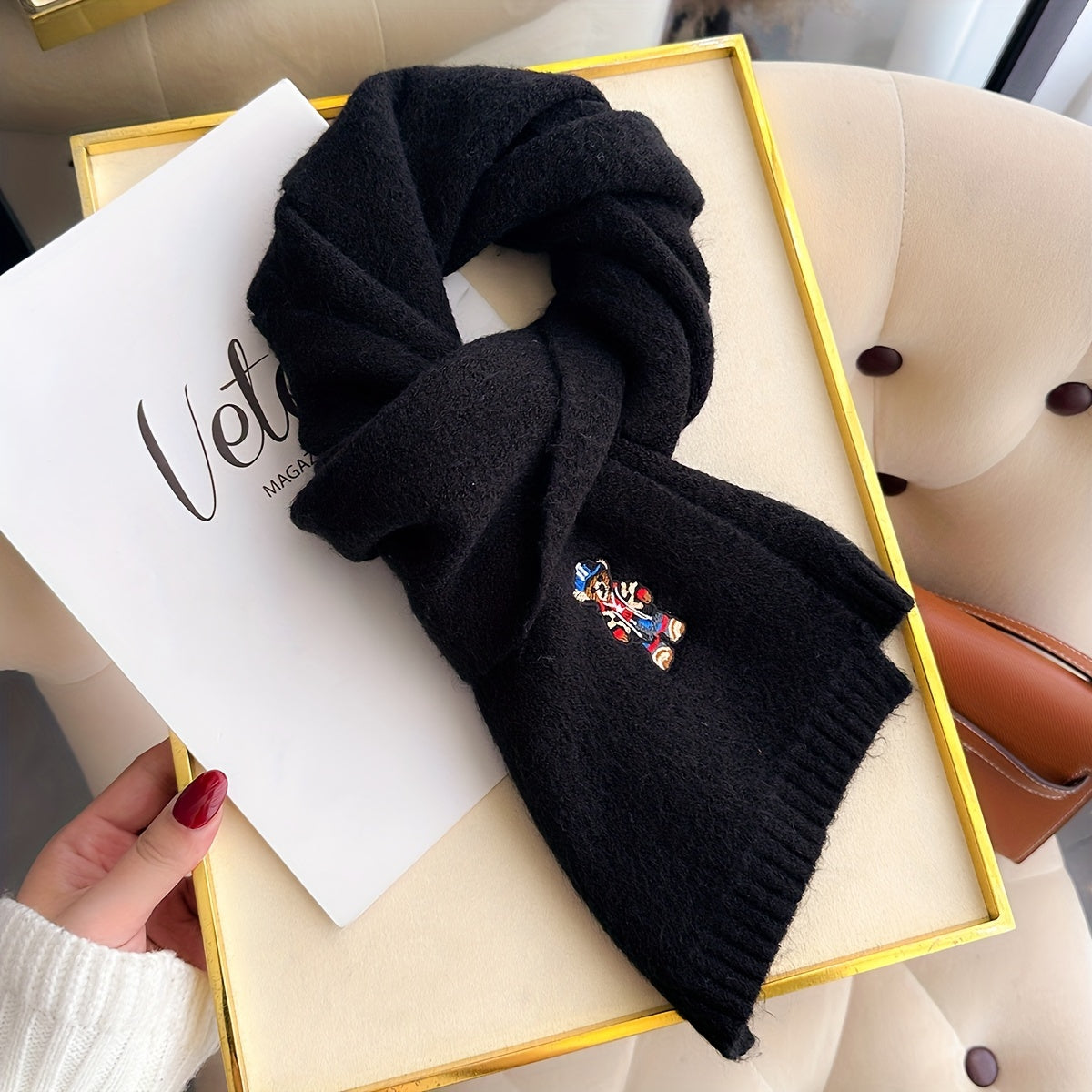 Winter Scarf | Soft Warmth | Stylish Bear Embroidery | Polyester