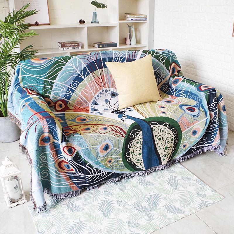 Reversible Peacock Print Blanket with Fringes