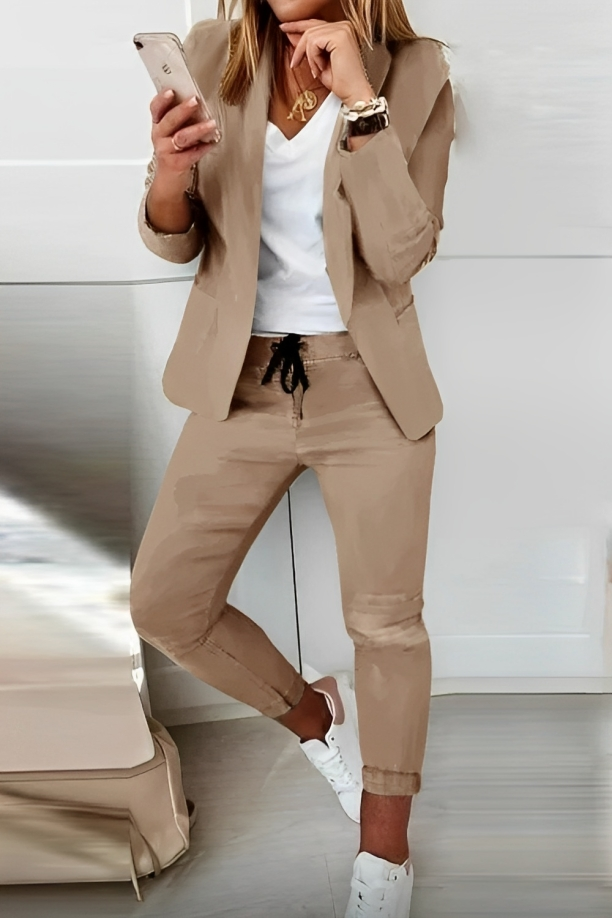 Women’s Casual Blazer and Jogger Suit Set | Cotton-Polyester Blend | Adjustable Waist & Tapered Fit | All-Season Comfort