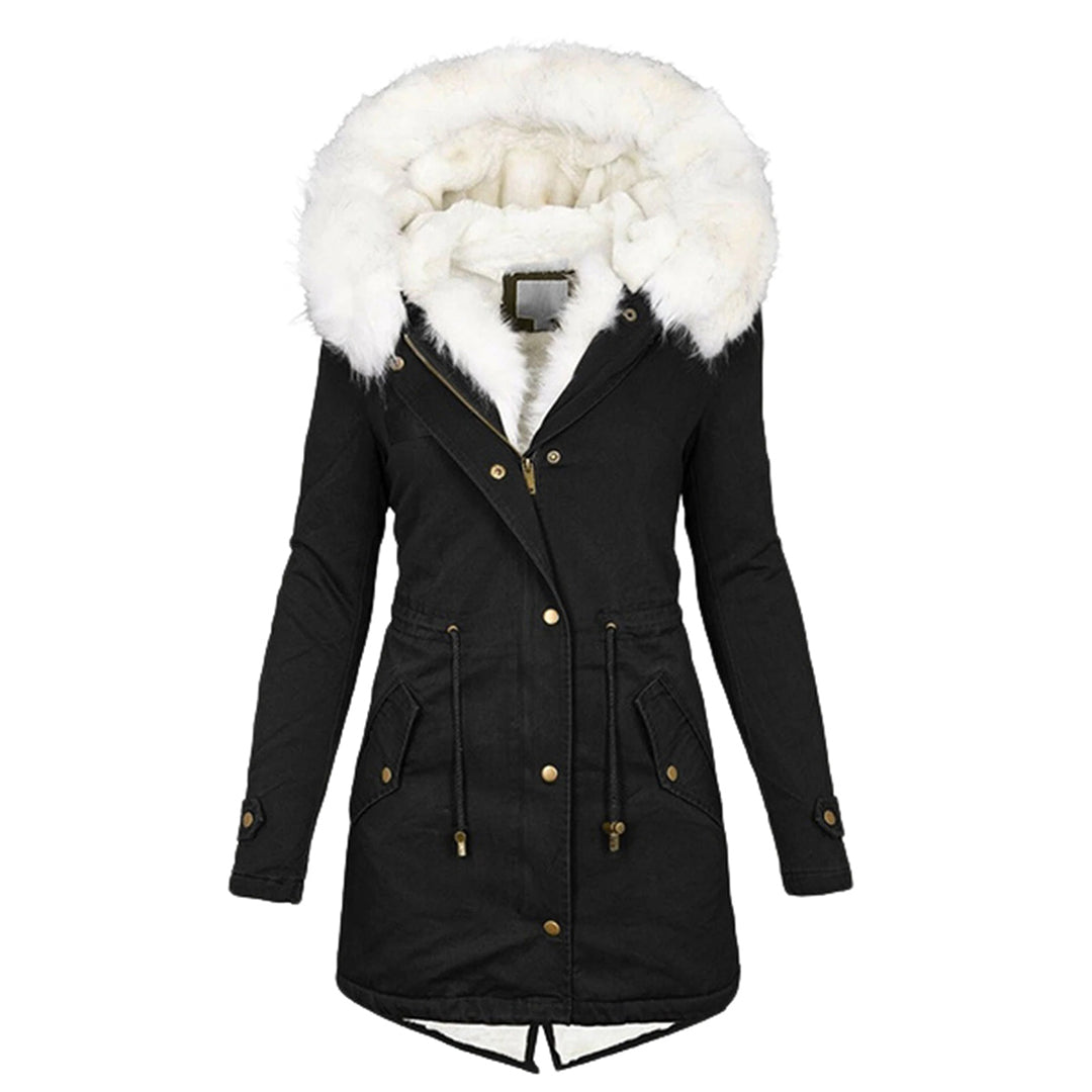 Women’s Winter Jacket | Thick Fleece Lining & Windproof Polyester | Dual Zipper & Button Closure | Padded Hood for Warmth