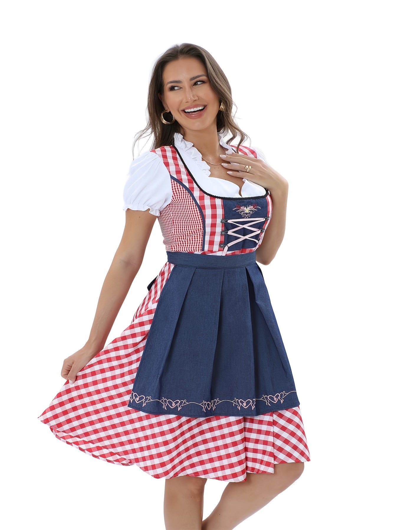 Women's Oktoberfest Dirndl Dress with Traditional Plaid and Embroidery