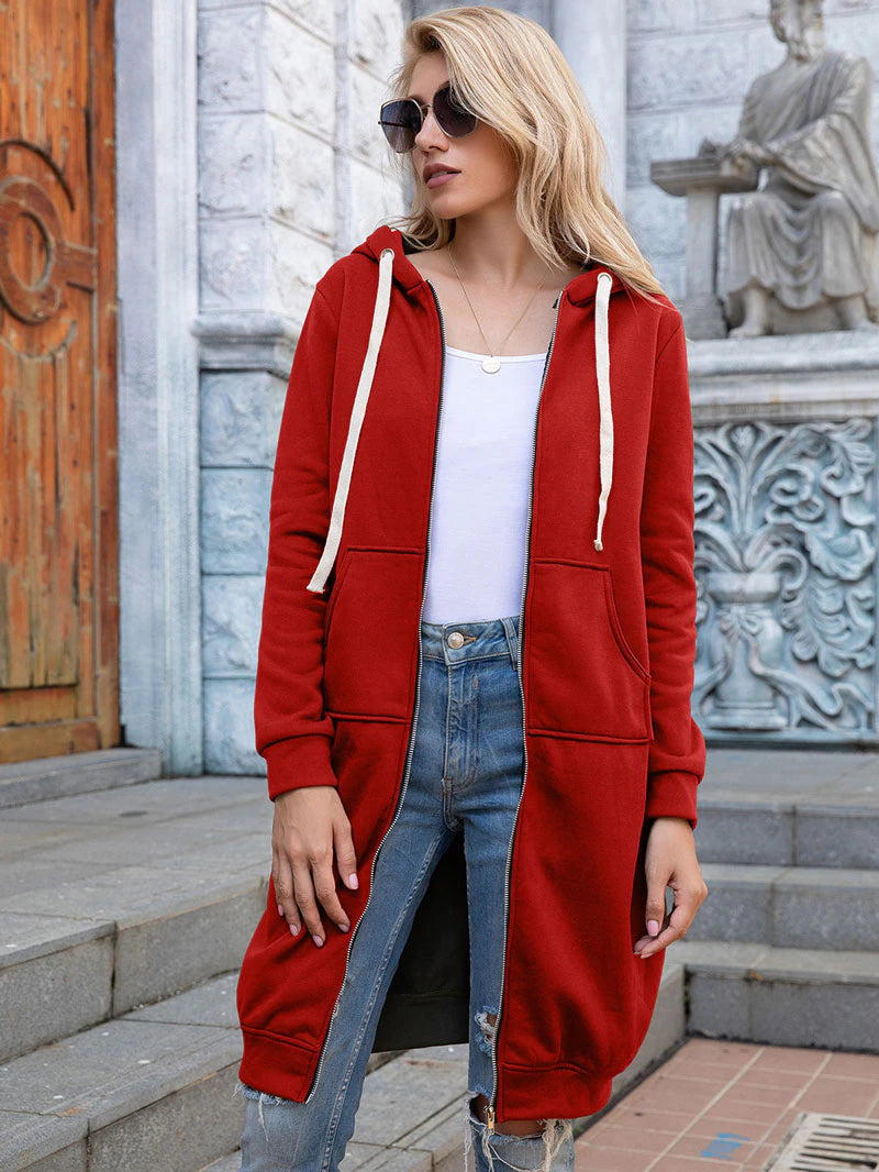 Longline Hooded Sweatshirt Coat | Zipper & Pockets | Polyester Fabric | Winter Warmth