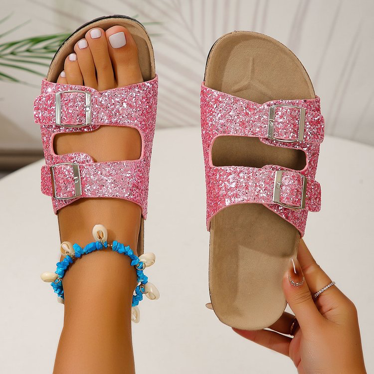 Women’s Two-Strap Buckle Sandals | Sparkling Design | Rubber Sole & PU Interior | Comfortable Fit
