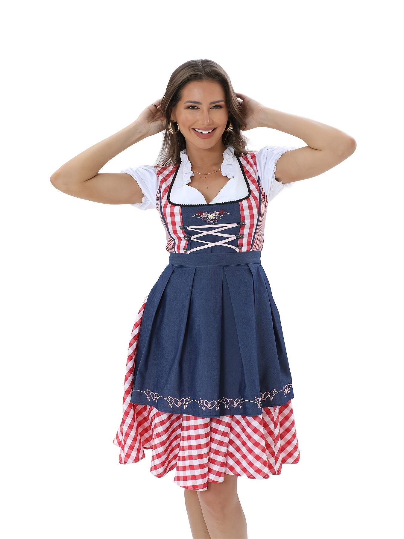 Women's Oktoberfest Dirndl Dress with Traditional Plaid and Embroidery