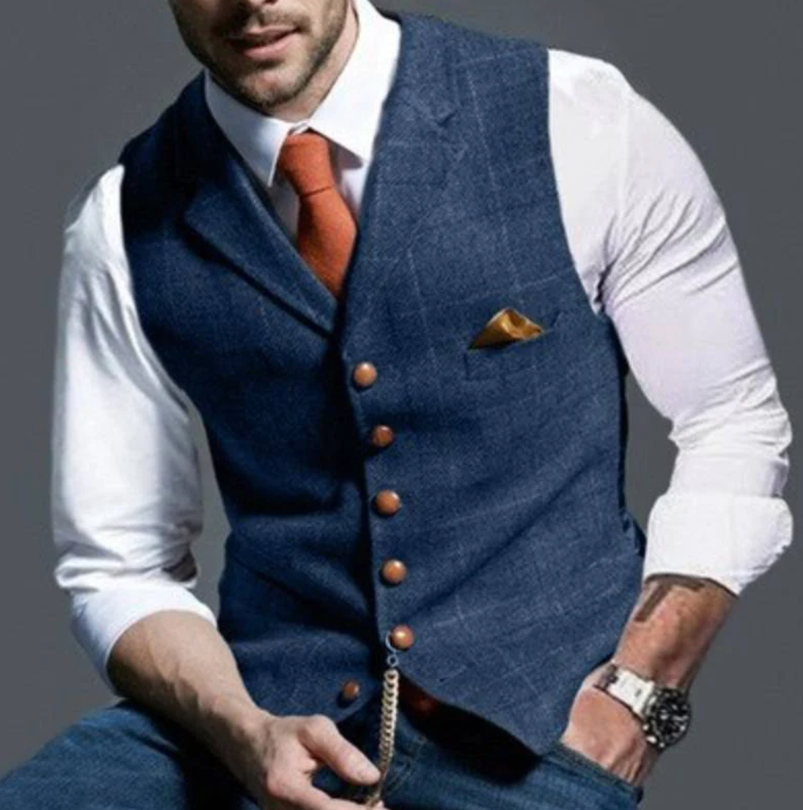 Men’s Vest | Vintage Style with Pocket Watch Chain | Textured Woven Fabric | Timeless Sophistication