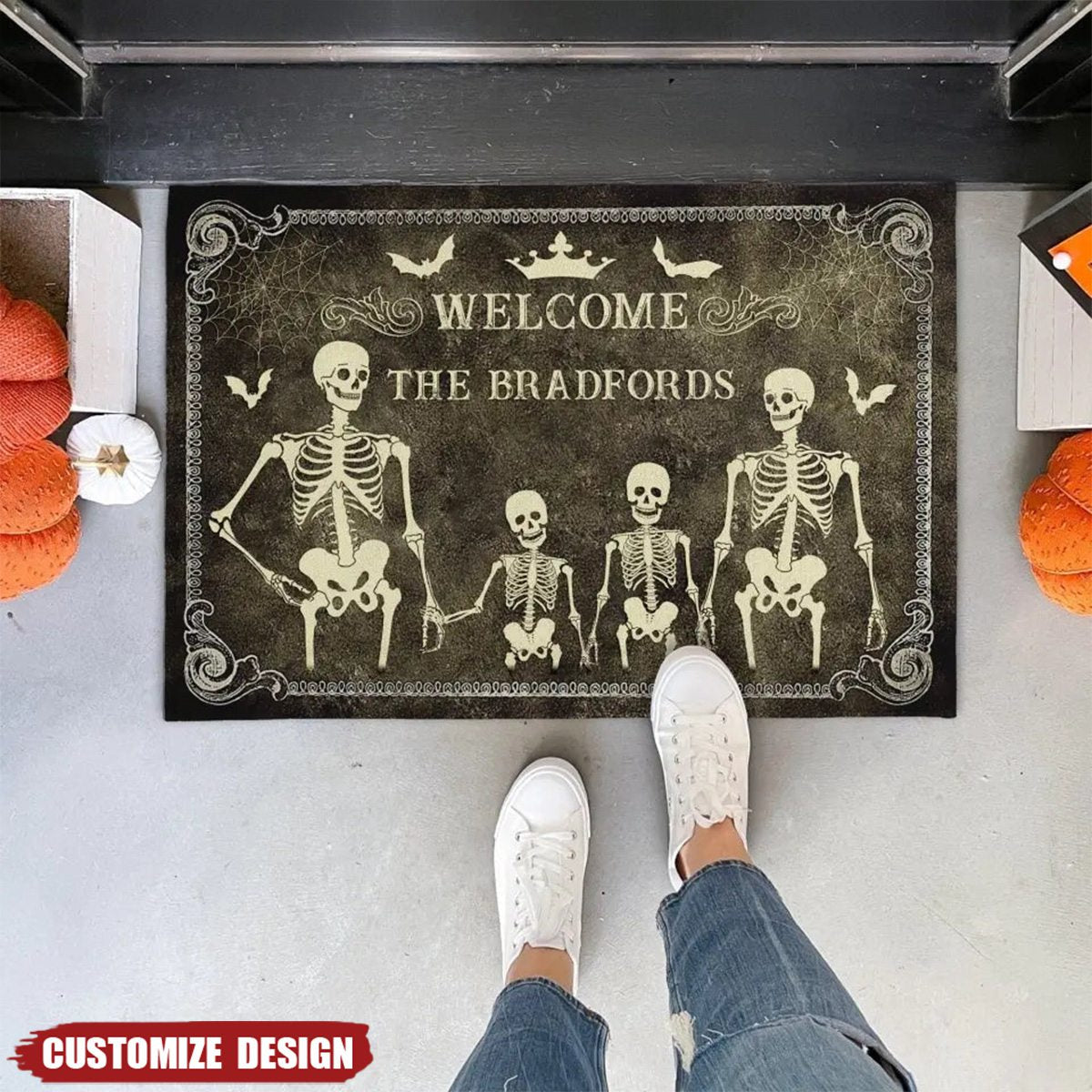 Halloween Skeleton Family Doormat with Plush Velour and Non-Slip Backing