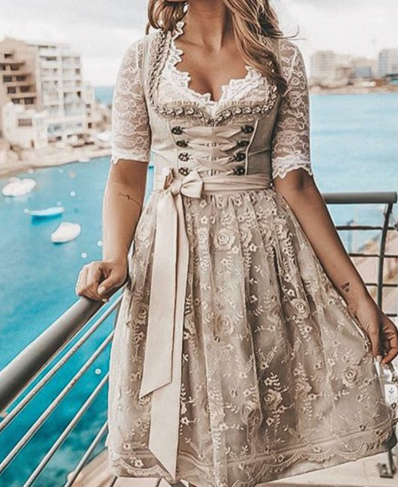 Women's Dirndl Dress | Lace-Up Bodice & Lace Blouse | Cotton Blend | Traditional Festive Wear