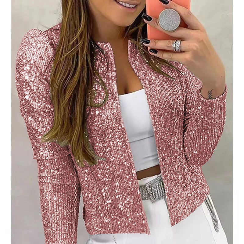 Women’s Sequined Blazer Jacket | Cropped Open-Front Design | Silk Fabric | Comfortable Elegance