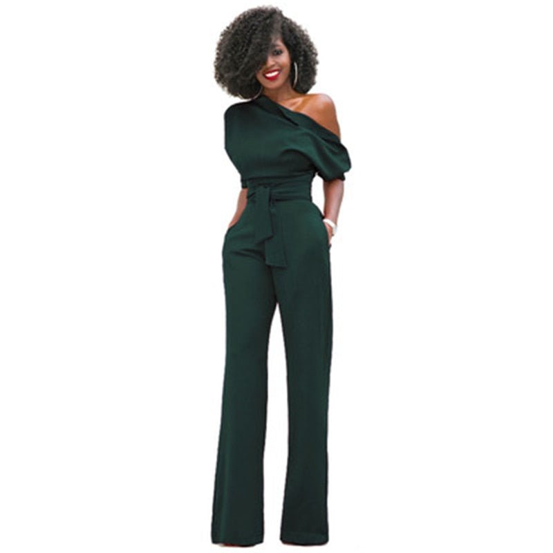 Women’s One-Shoulder Belted Wide-Leg Jumpsuit | Acrylic Fabric | Waist Tie Belt | Comfortable Fit