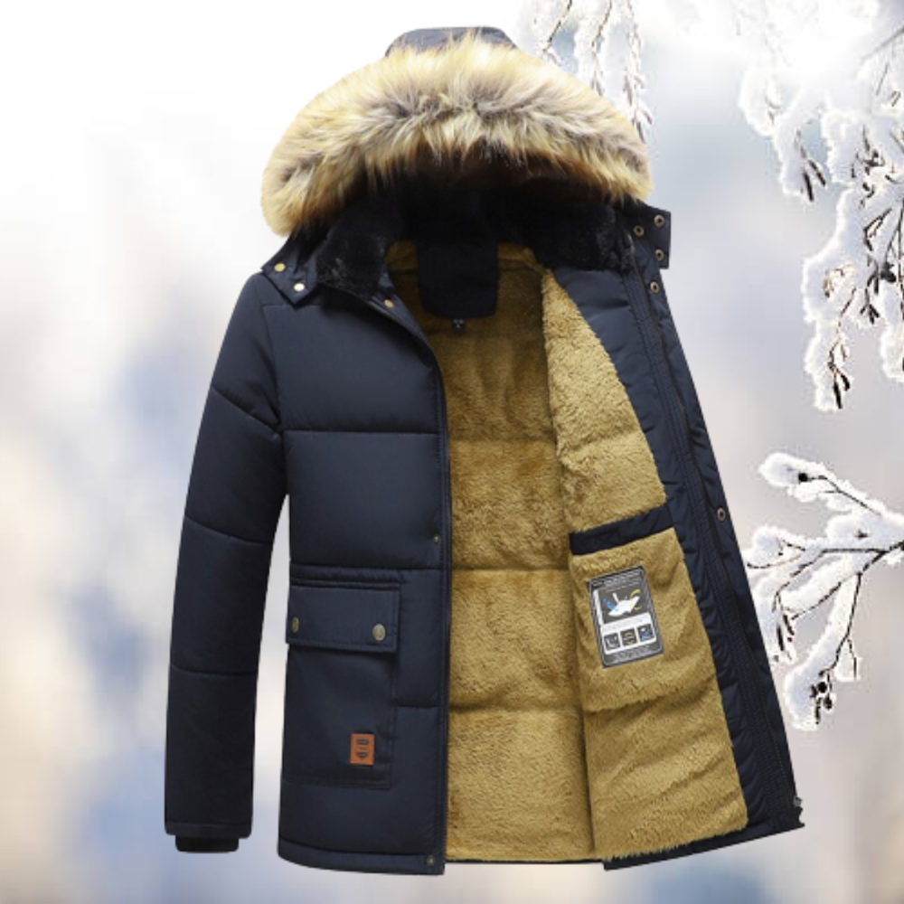 Men’s Hooded Winter Parka | Windproof & Fur-Lined Hood | Cotton-Polyester Blend | Cold Weather Protection