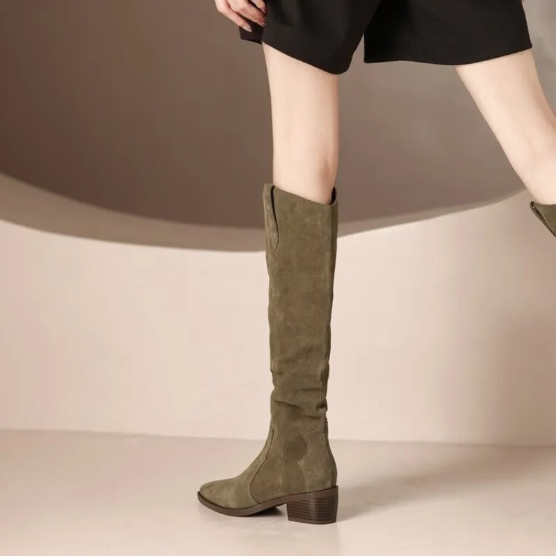 Women’s Knee-High Boots | Vintage Suede with Ruffle Details | Block Heel & Almond Toe | Comfortable Fit