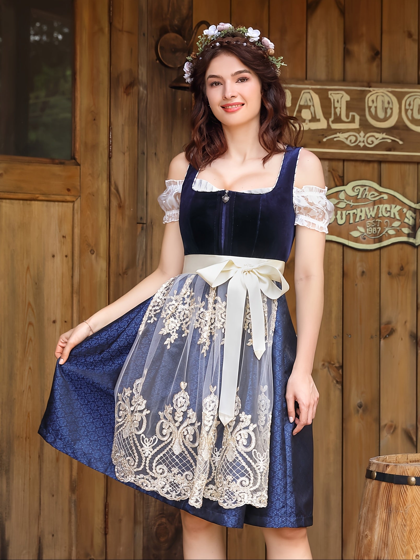 Women's Velvet Oktoberfest Dirndl Dress with Lace Apron and Puff Sleeves