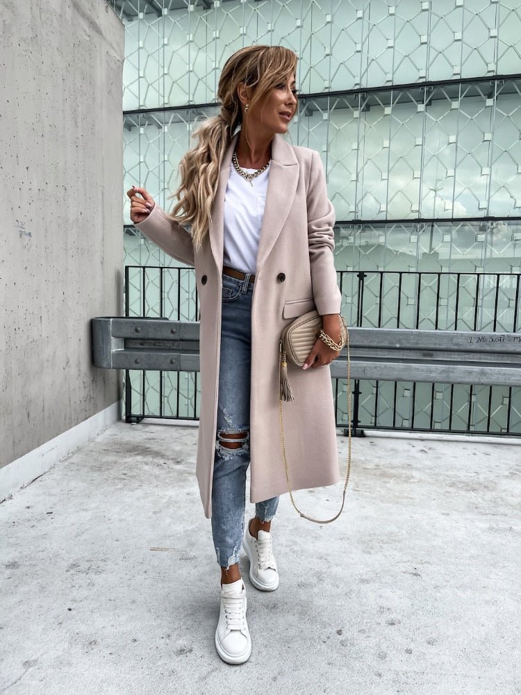 Women’s Long Double-Breasted Overcoat | Warm Polyester Fabric | Classic Lapels & Flap Pockets | Below Knee Length