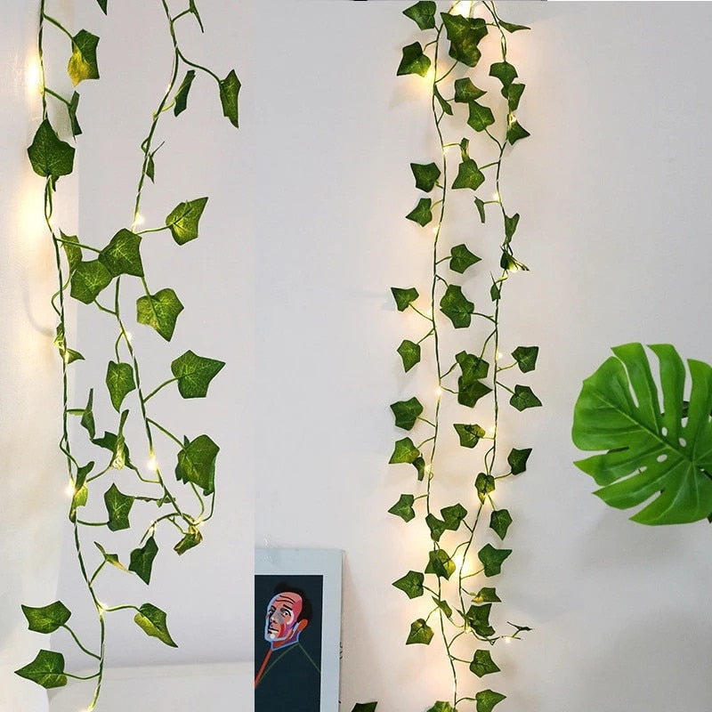 Battery Operated Garden Vine LED String Lights with Artificial Leaf Garland - Ivy, Watermelon, Green Dill, Two Color Ivy Vines - Warm White LED, Indoor/Outdoor, 2M-10M Lengths