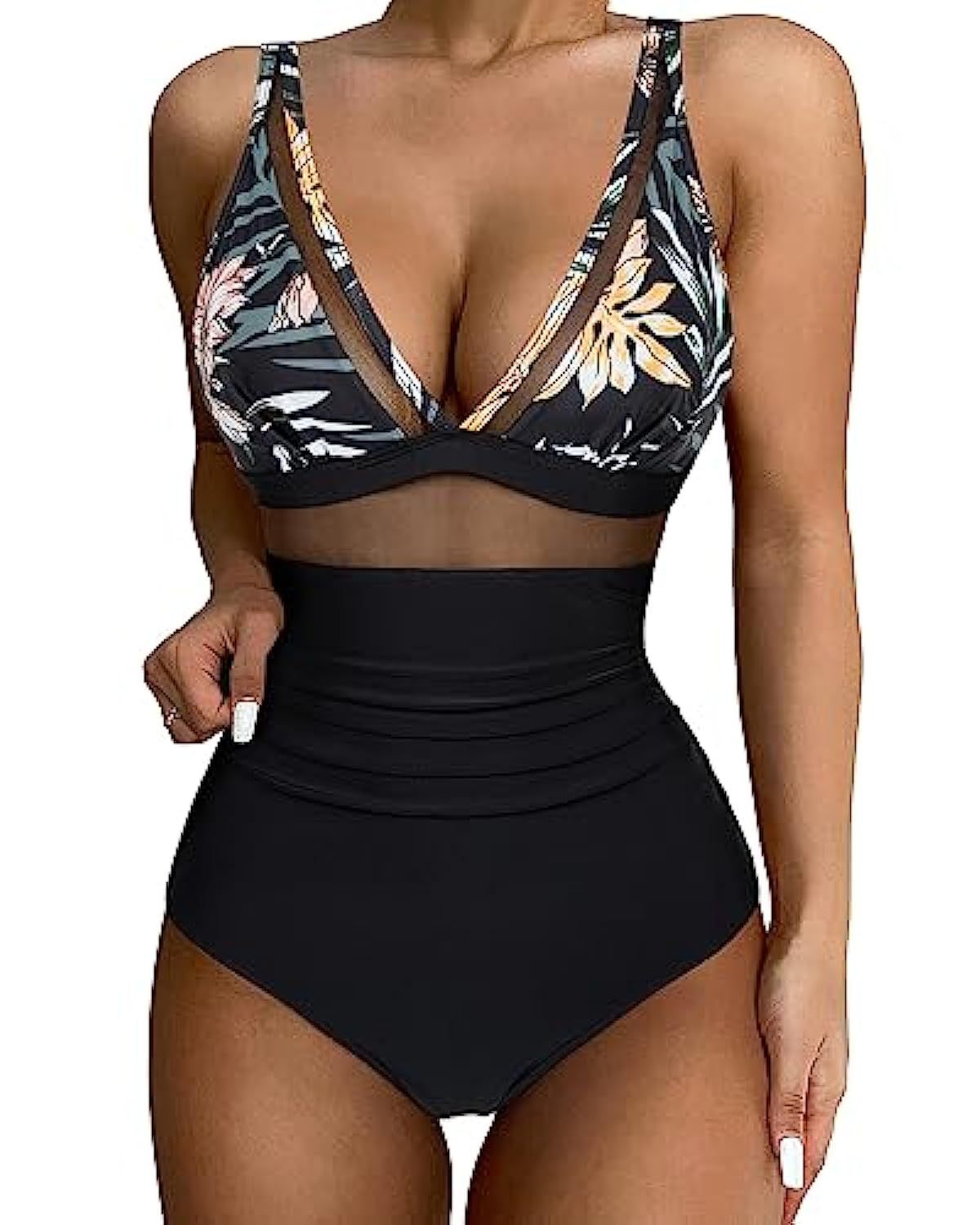 Women's One-Piece Swimsuit | Leopard Print & Mesh Waist Panel | Comfortable Fit