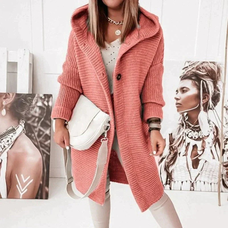 Women’s Hooded Long Knit Cardigan | Oversized Cozy Knit | Buttoned Front | Comfortable Fit