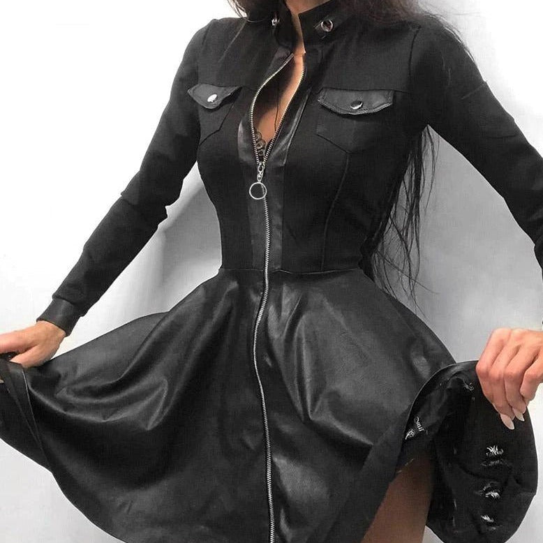 Women’s Mini Dress | Front-Zipper Faux Leather | Chest Pockets & Stand-Up Collar | Comfortable Fit