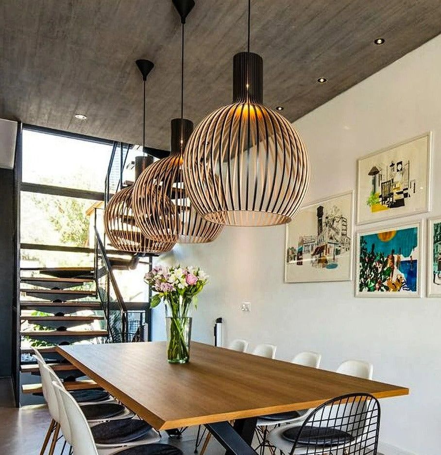 Handcrafted Wooden Pendant Light | Sustainable Wood Sphere Design | Adjustable Hanging Height | Warm Ambient Glow