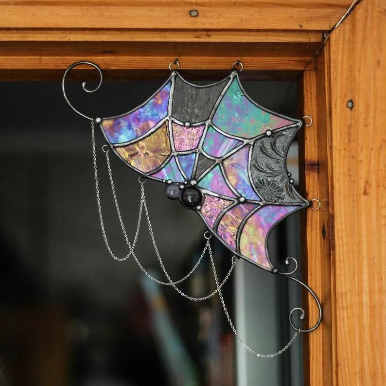 Halloween Acrylic Spiderweb Door Topper with Iridescent Glow Decor