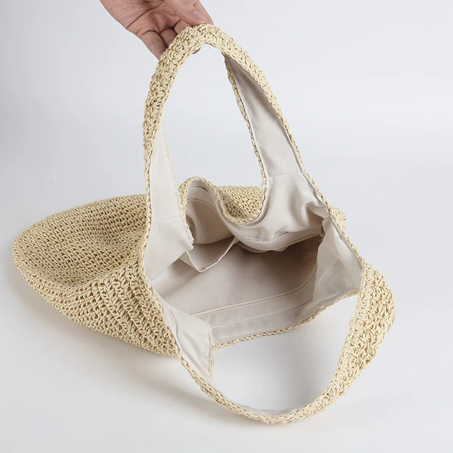 Woven Straw Shoulder Tote Bag | Premium Wicker Material | Large Capacity | Casual & Beach Use