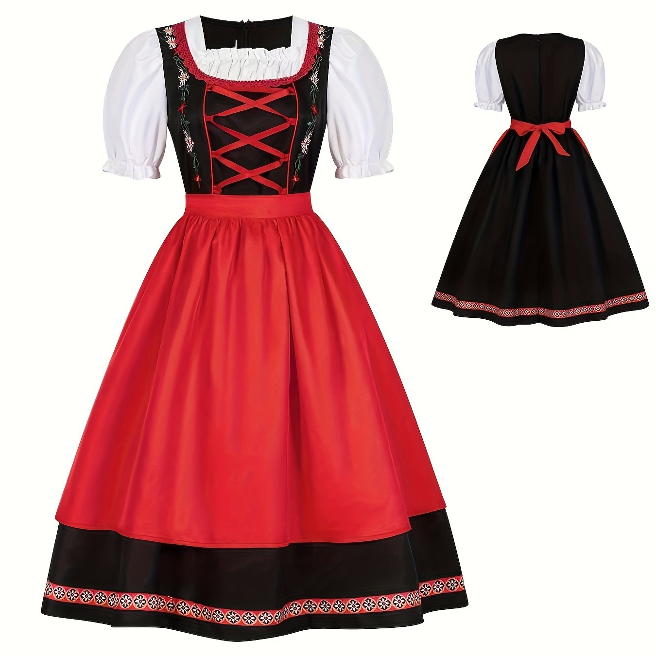 Women's Oktoberfest Dress with Puff Sleeves and Embroidered Apron