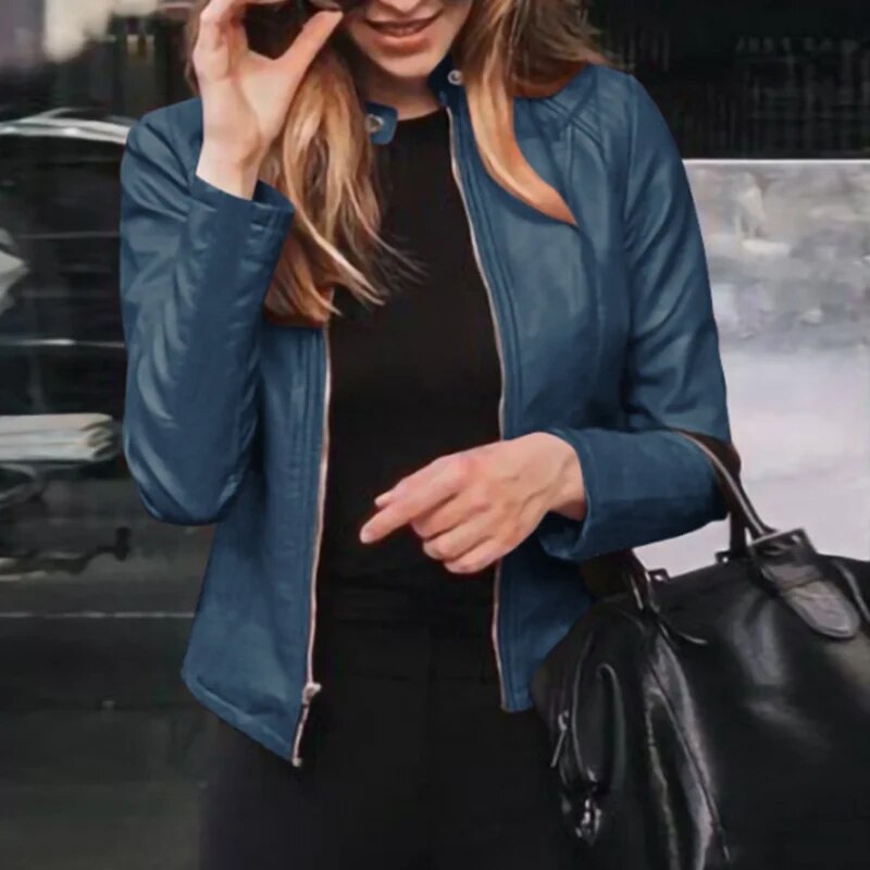 Women's Faux Leather Bomber Jacket | Smooth Polyester Fabric | Stand Collar & Front Zipper | Lightweight Warmth