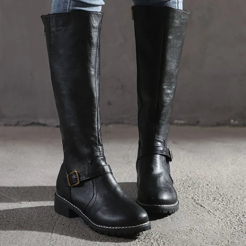Women’s Knee-High Leather Boots | Adjustable Strap & Zipper Closure | Non-Slip Sole | Comfortable Fit