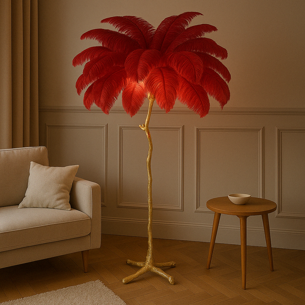 Ostrich Feather Floor Lamp | Elegant Feather Shade | Resin & Brass Materials | Soft Ambient Lighting