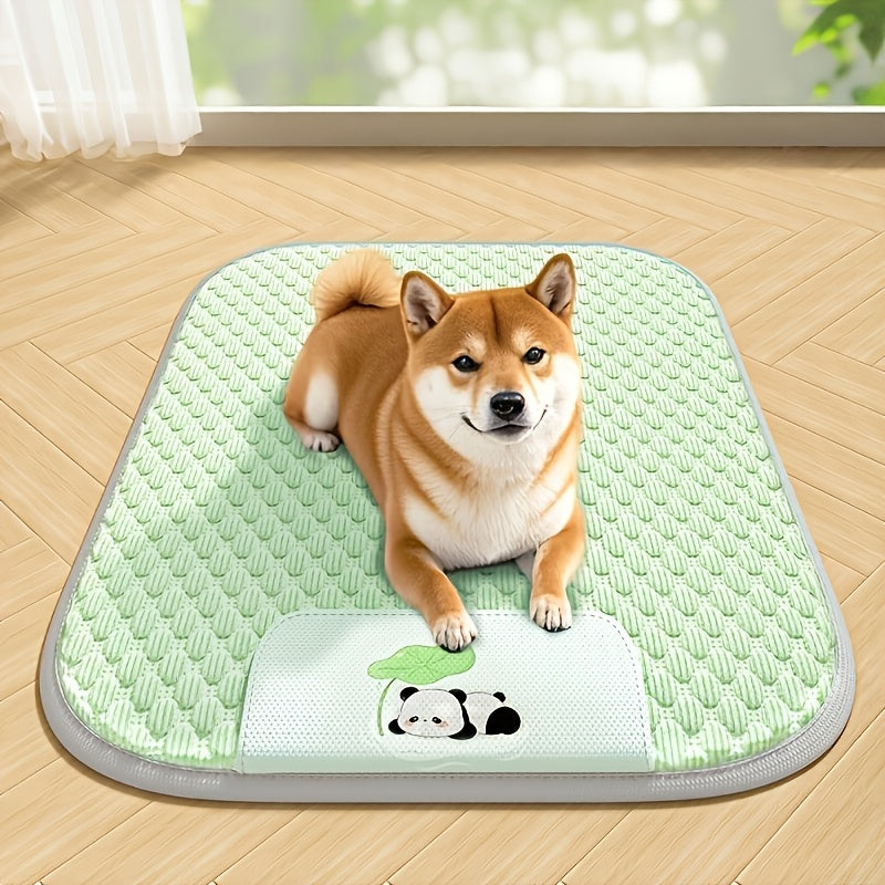 Dog Cooling Mat with Ice Bead Texture Fabric, Featuring Gray Piping Edges and an Adorable Panda Hugging a for Lotus Leaf Pattern Printed Underneath. Specially Designed for Pets During Summer. This Cooling Pad Serves as a Summer Cooling Sleeping Mat
