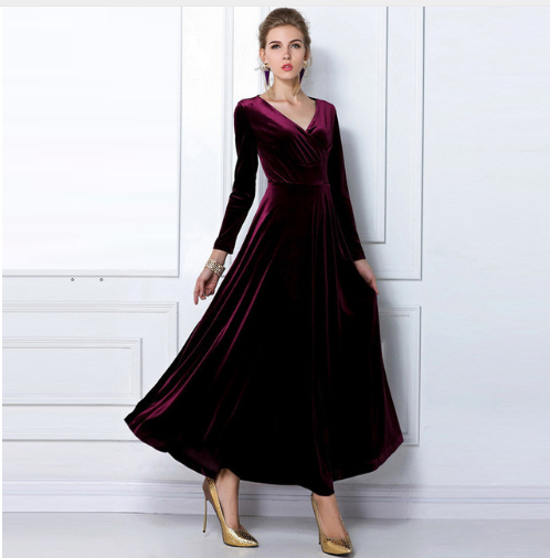 Women’s Velvet V-Neck Wrap Dress | Long Sleeve & Floor-Length | Adjustable Fit & Comfortable Design