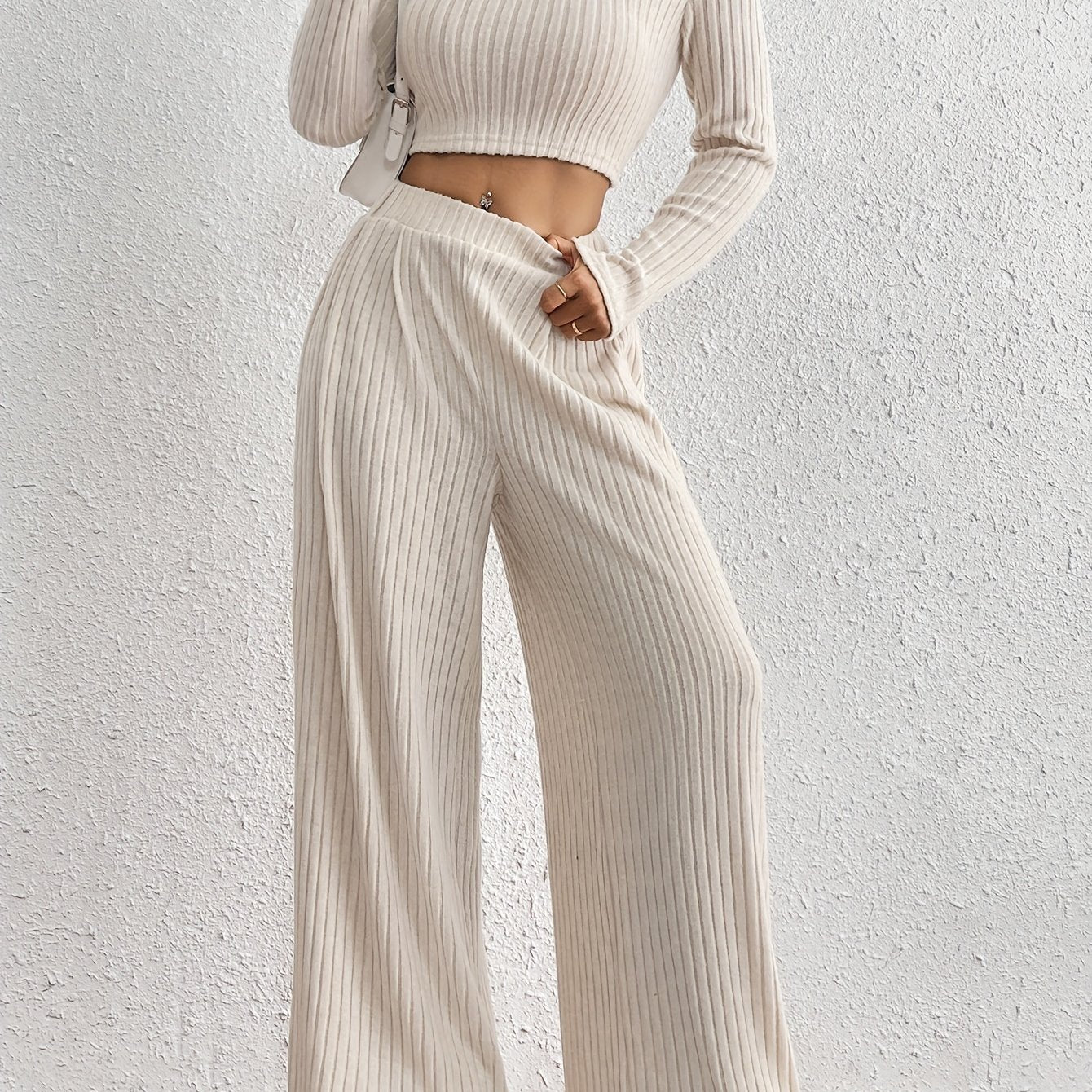 Ribbed Crew Neck Top | Long Sleeve | Stylish Fall Winter Wear | Polyester