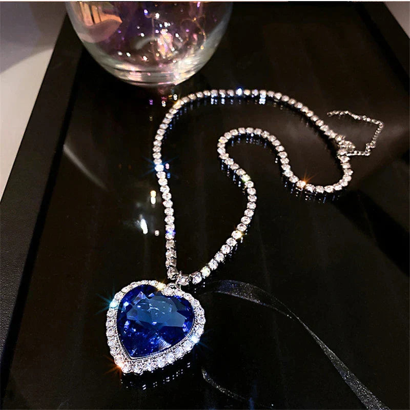 Radiant Heart Pendant Necklace in Silver with Blue Zirconia
