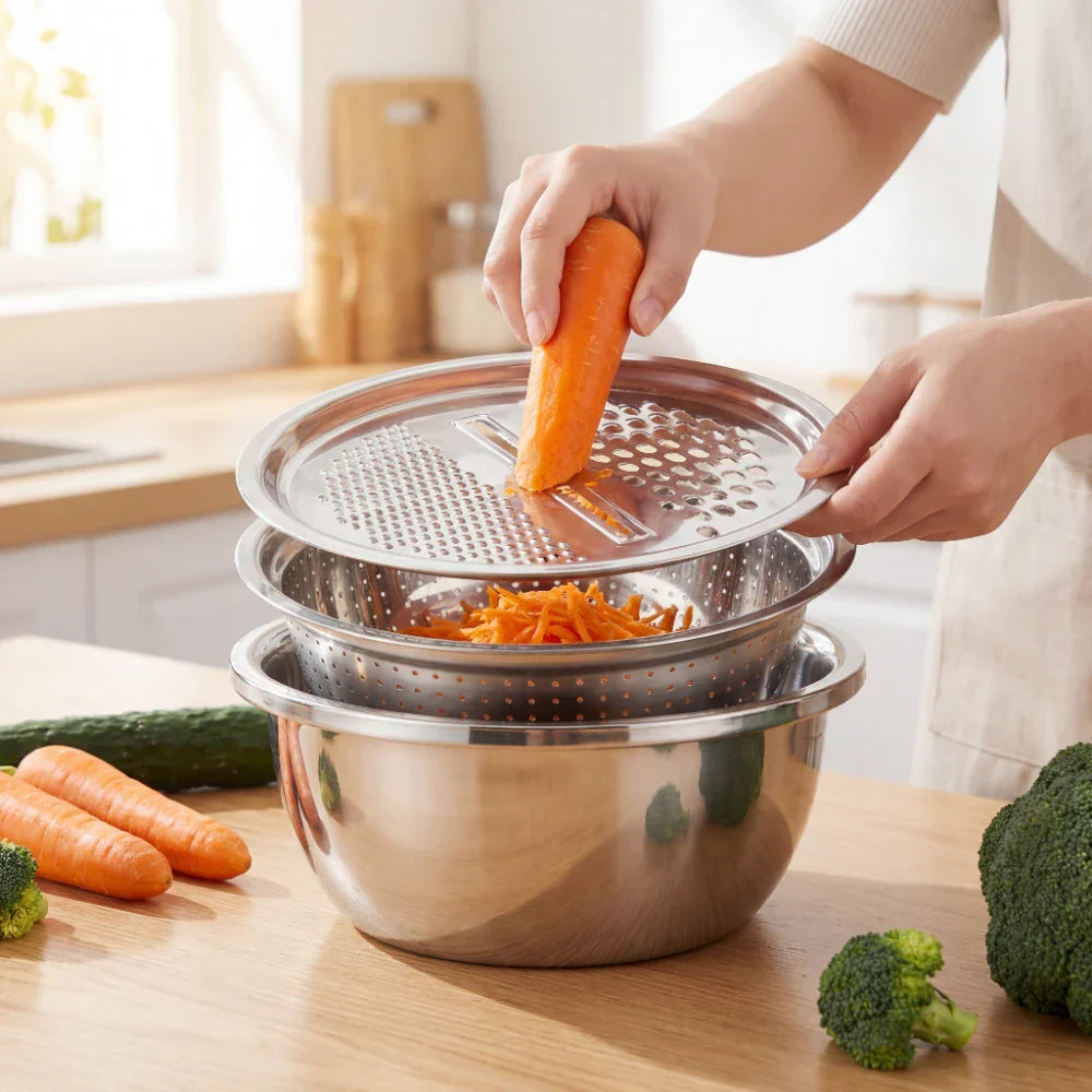 3-in-1 Grater, Sieve, and Stainless Steel Mixing Bowls Set