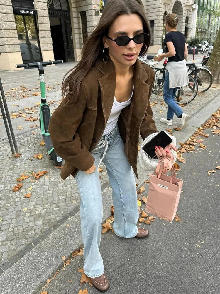 Chic Women's Long Sleeve Faux Suede Jacket with Pockets