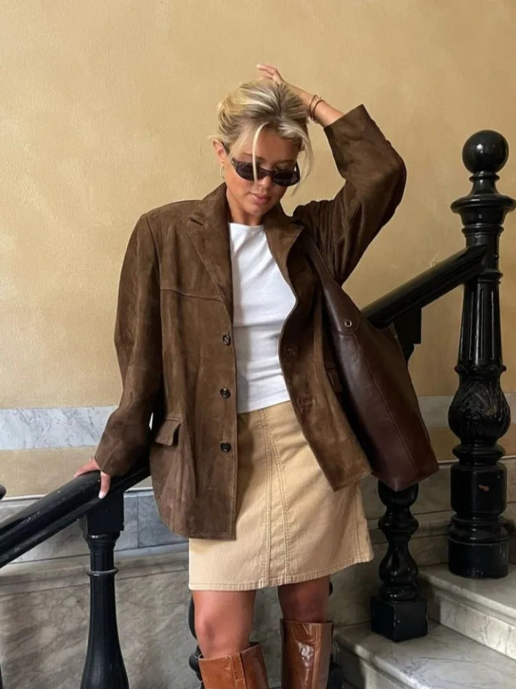 Chic Women's Long Sleeve Faux Suede Jacket with Pockets