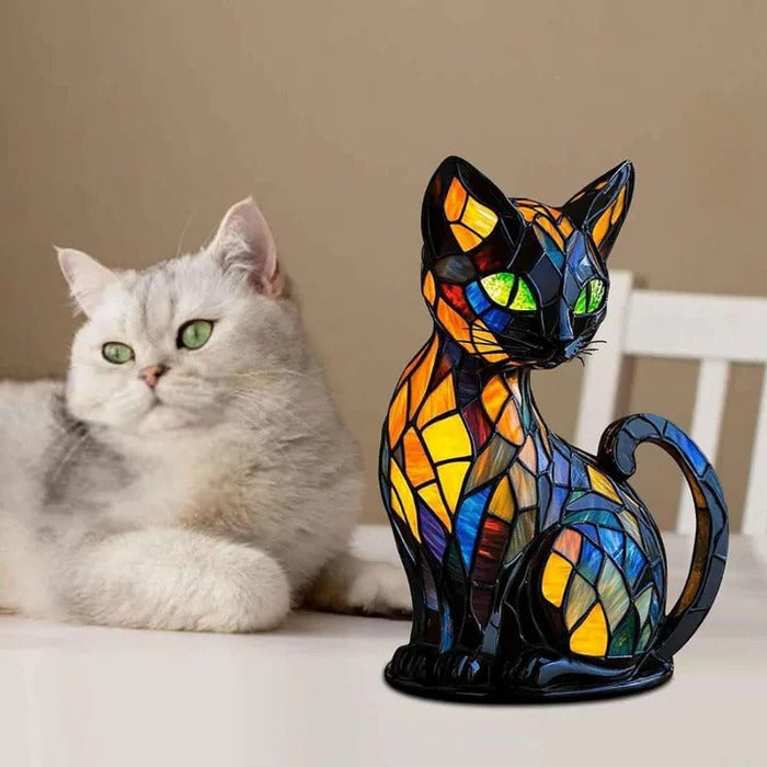 Cat-Themed Table Lamp with Stained Glass Design
