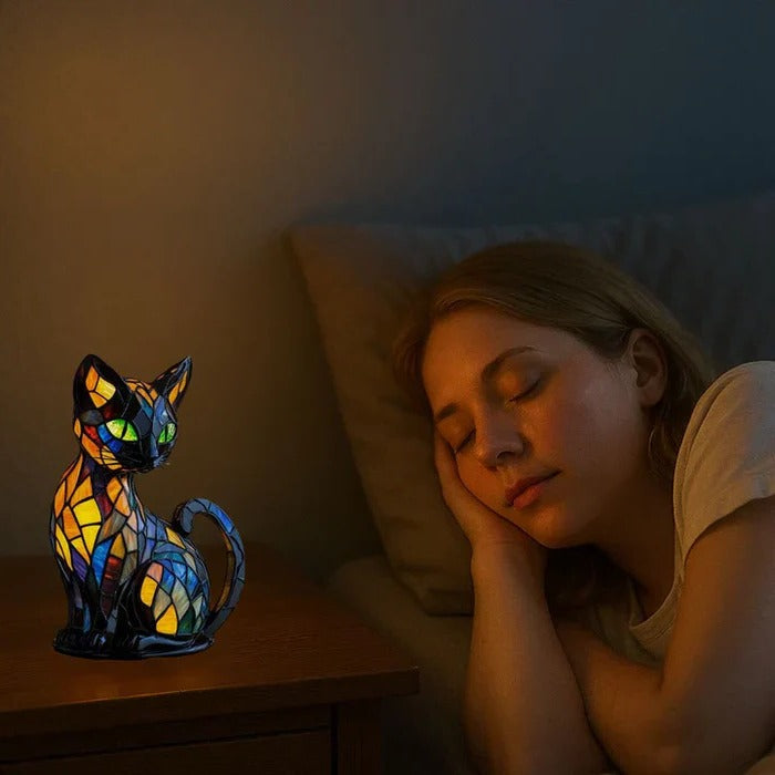 Cat-Themed Table Lamp with Stained Glass Design
