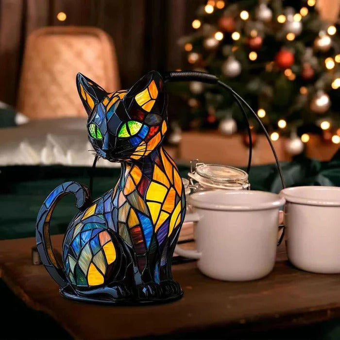 Cat-Themed Table Lamp with Stained Glass Design