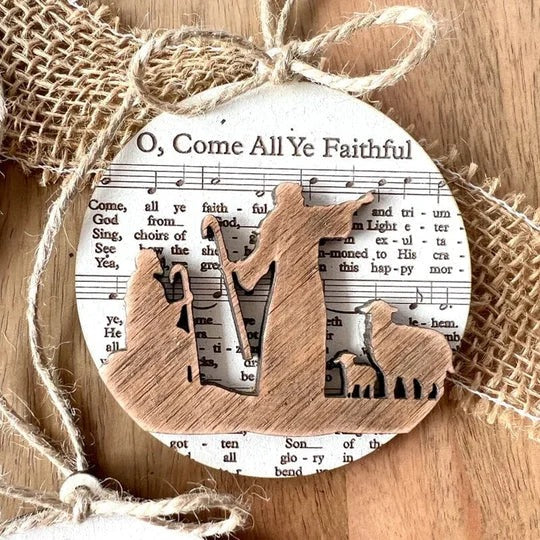 Collection of Ornaments Featuring Nativity Music Sheets